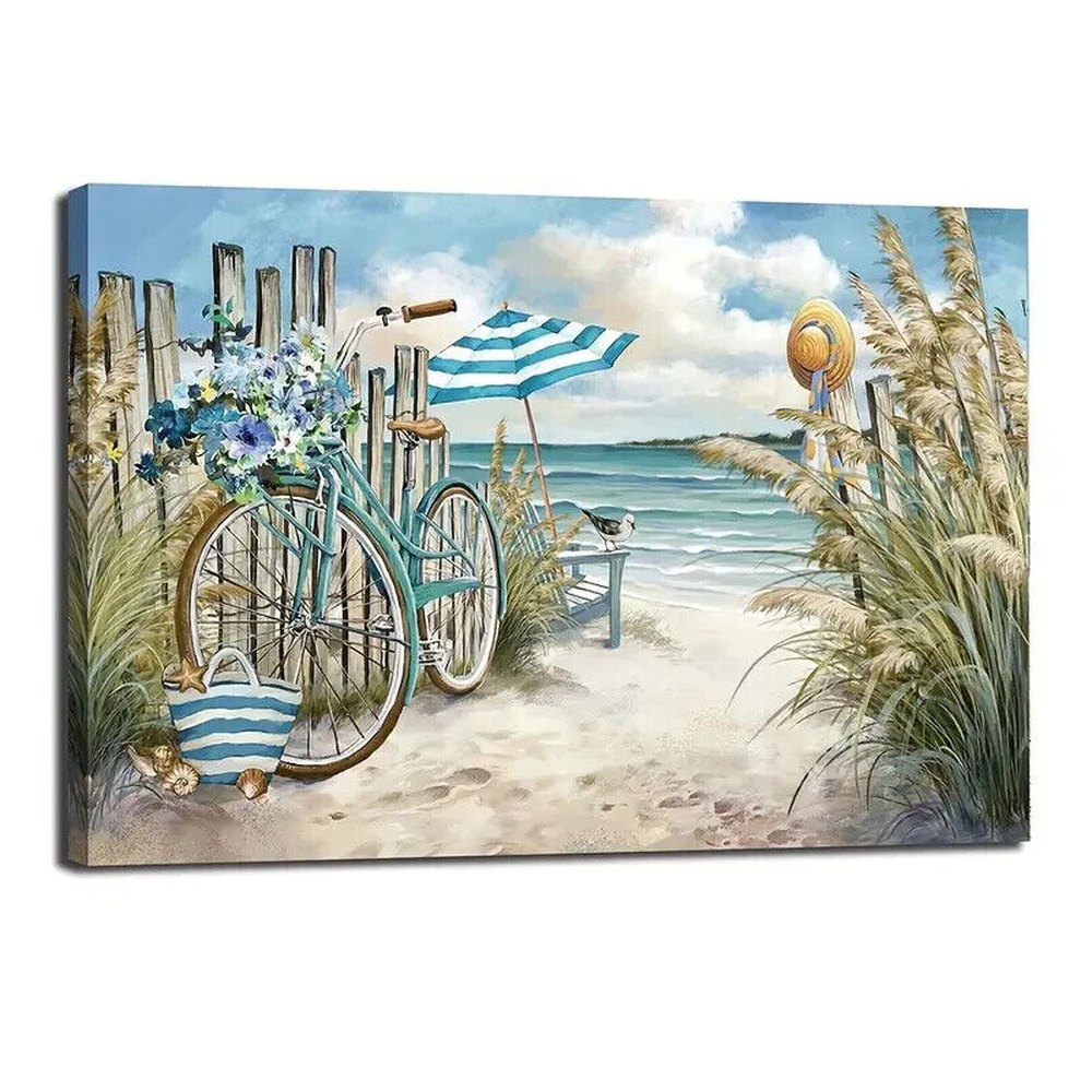 Scenic Beach View With Bicycle & Flowers Canvas Print Framed 16" x 24" Wall Art Style Your Walls